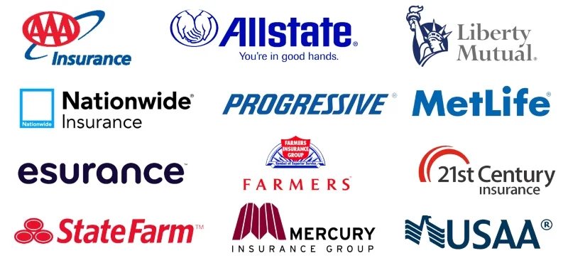 Insurance companies we work with: AAA, Allstate, Liberty Mutual, Nationwide, Progressive, MetLife, Esurance, Farmers, 21st Century, State Farm, Mercury, USAA